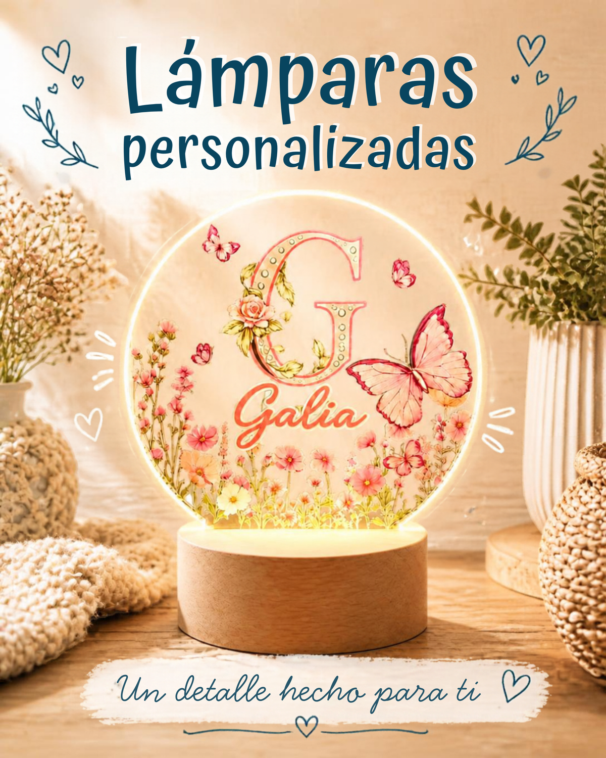 Lámpara personalizada Galia con inicial floral, base de madera y luz cálida