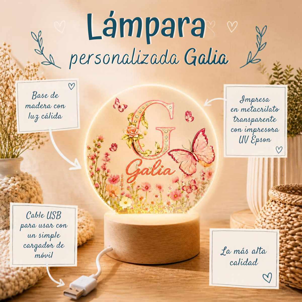 Lámpara personalizada Galia con inicial floral, base de madera y luz cálida
