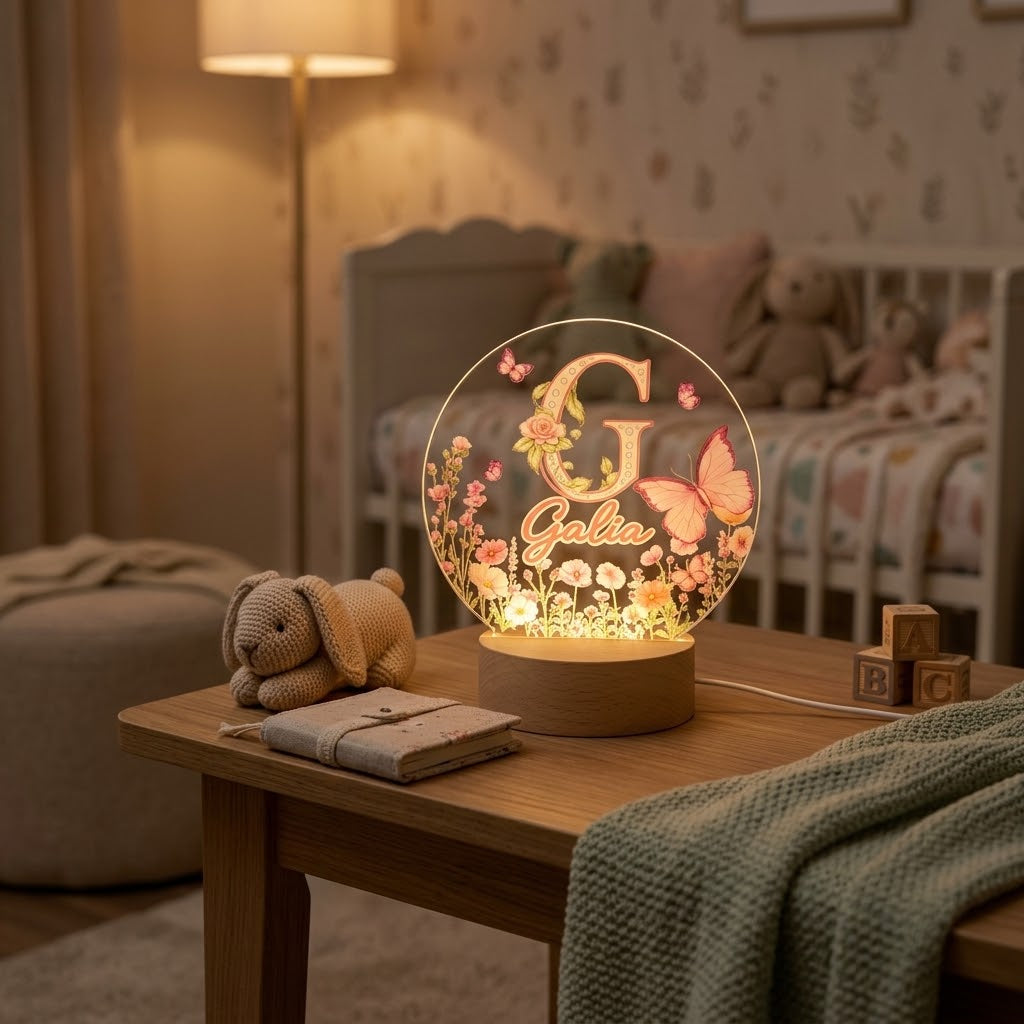 Lámpara personalizada Galia con inicial floral, base de madera y luz cálida